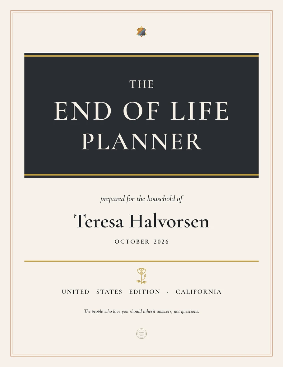 The End of Life Planner's cover, California edition, prepared for a fictional household