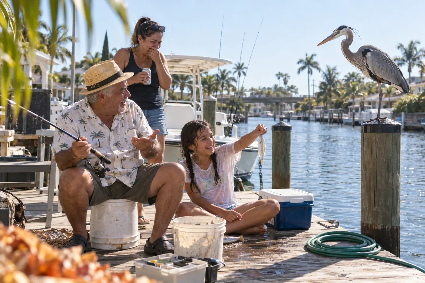A family on a boat dock in Florida: a grandfather fishing, a girl pointing at a heron