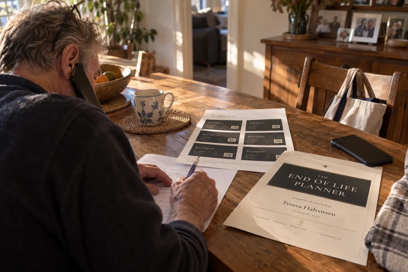 A man on the telephone with the planner's pages open on the table