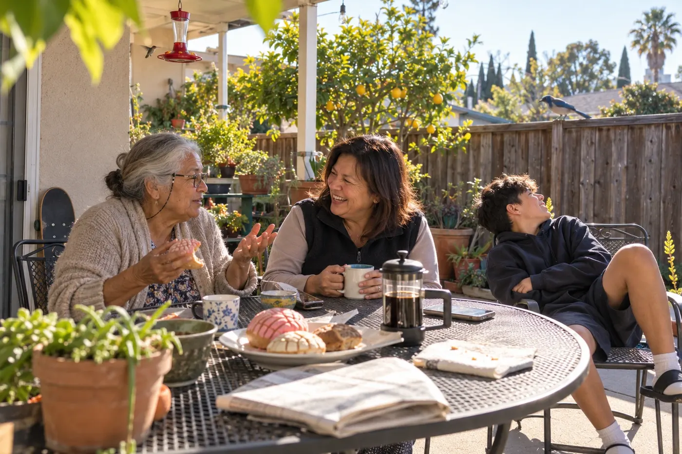 Friends sharing breakfast at a sunny patio table among citrus trees