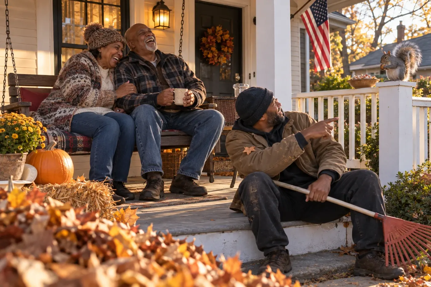 An older couple on a porch swing under a flag, mugs in hand, a neighbor raking leaves below